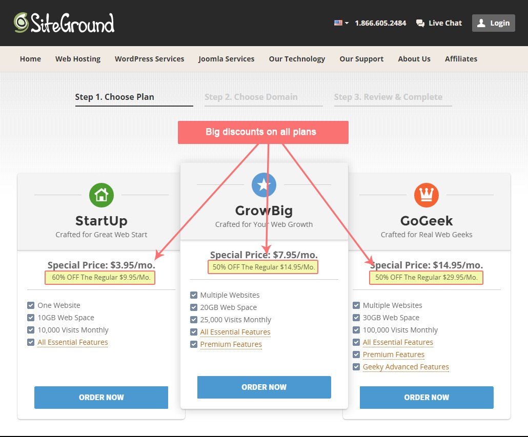 SiteGround hosting signup step 1